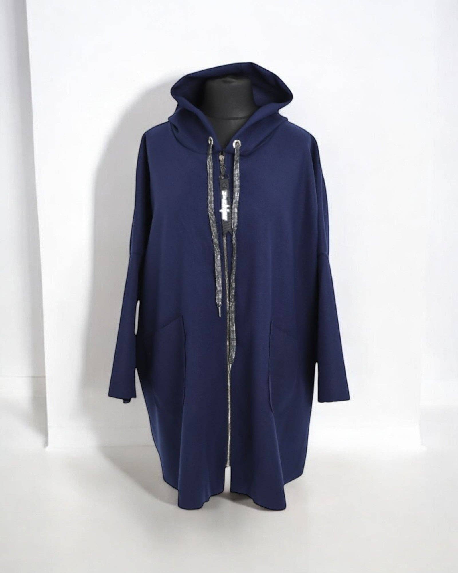 Italian Oversized Longsleeve Zip Up Drawstring Hooded Jacket: Beige / One Size To Fit UK 8-22