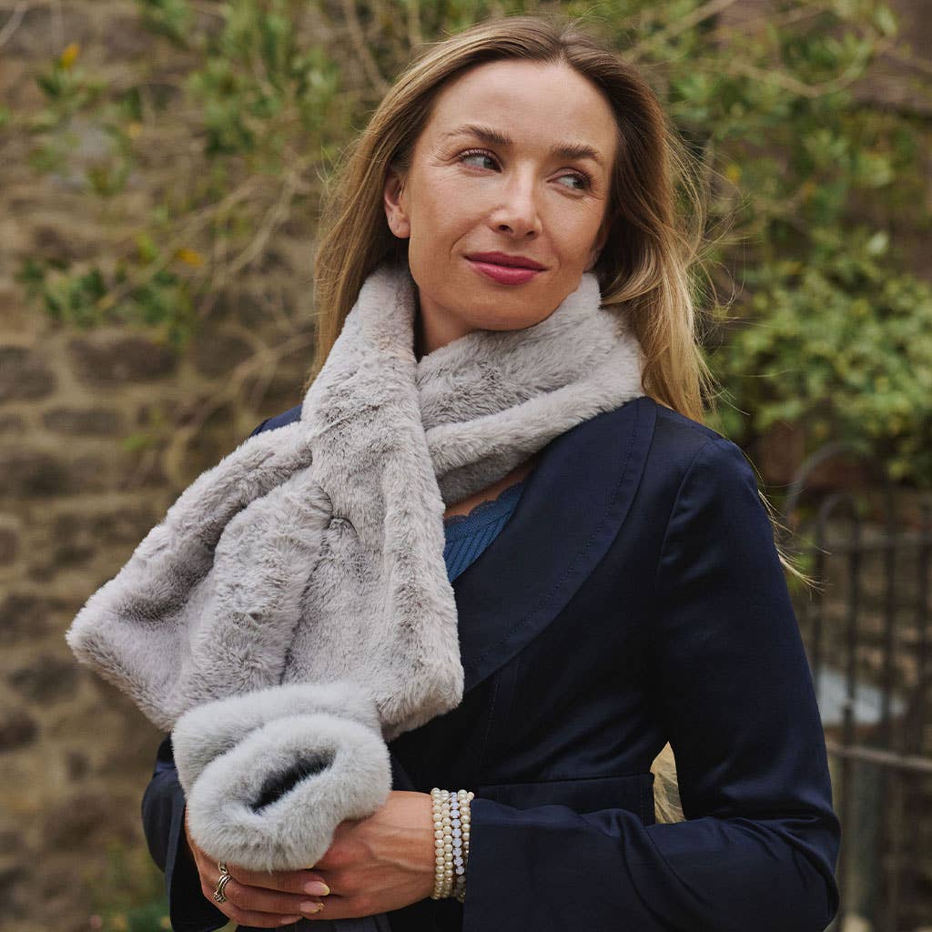 Soft light gray faux fur push through scarf with plush texture