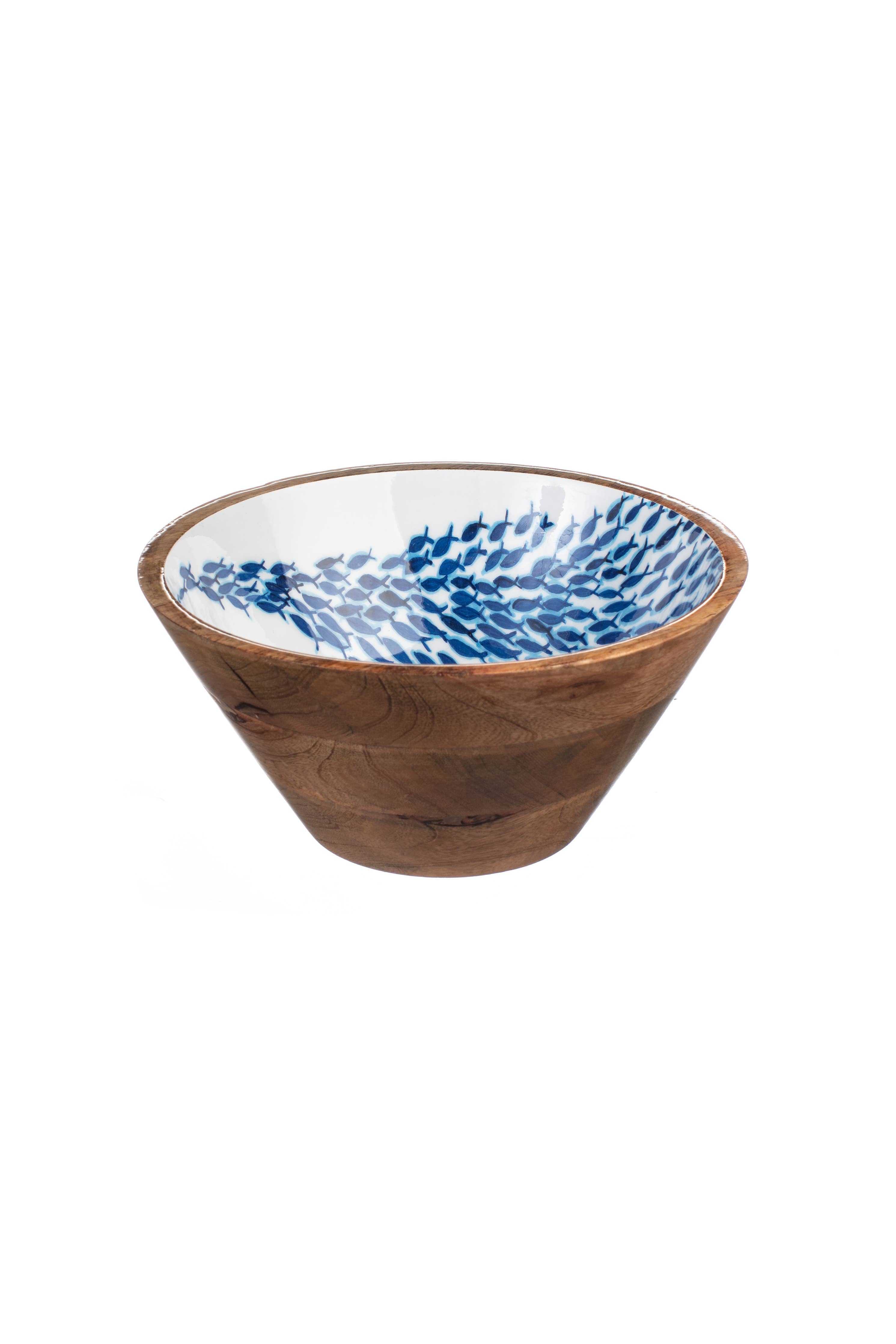 Fish Shoal Wooden Bowl 25cm with Blue Fish Pattern Inside