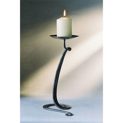 Elegant black wrought iron Flat Swirl Candleholder with white pillar candle