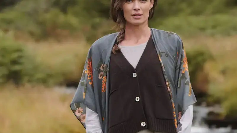Floral kimono cardigan with button closure, teal and orange hues, lightweight fabric.