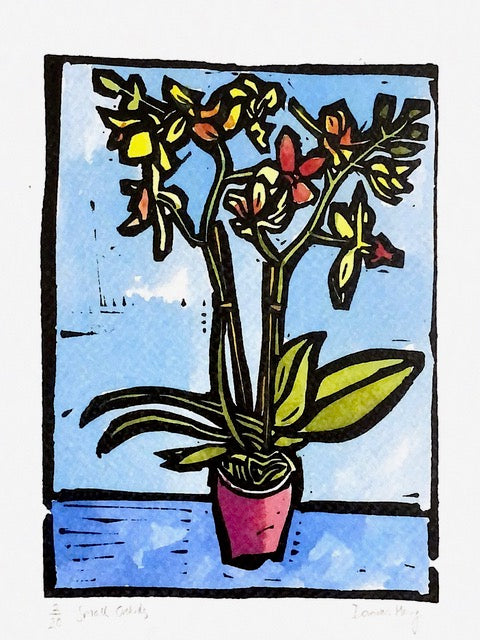 "Flowers on Blue Table" Lino Cut Framed Print - The Nancy Smillie Shop - Art, Jewellery & Designer Gifts Glasgow