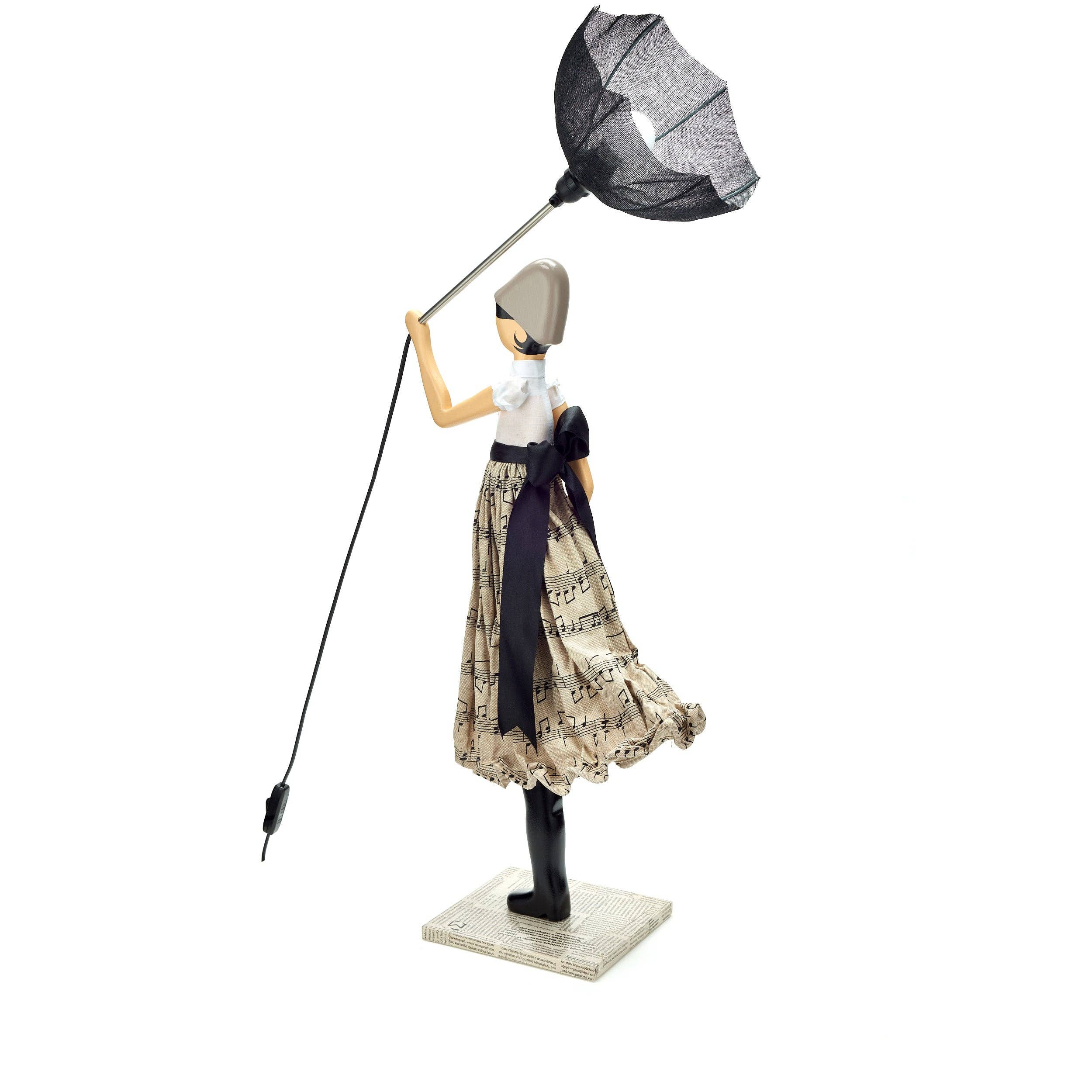 Georgia Lady Lamp: figurine in beige musical note dress, black boots, umbrella