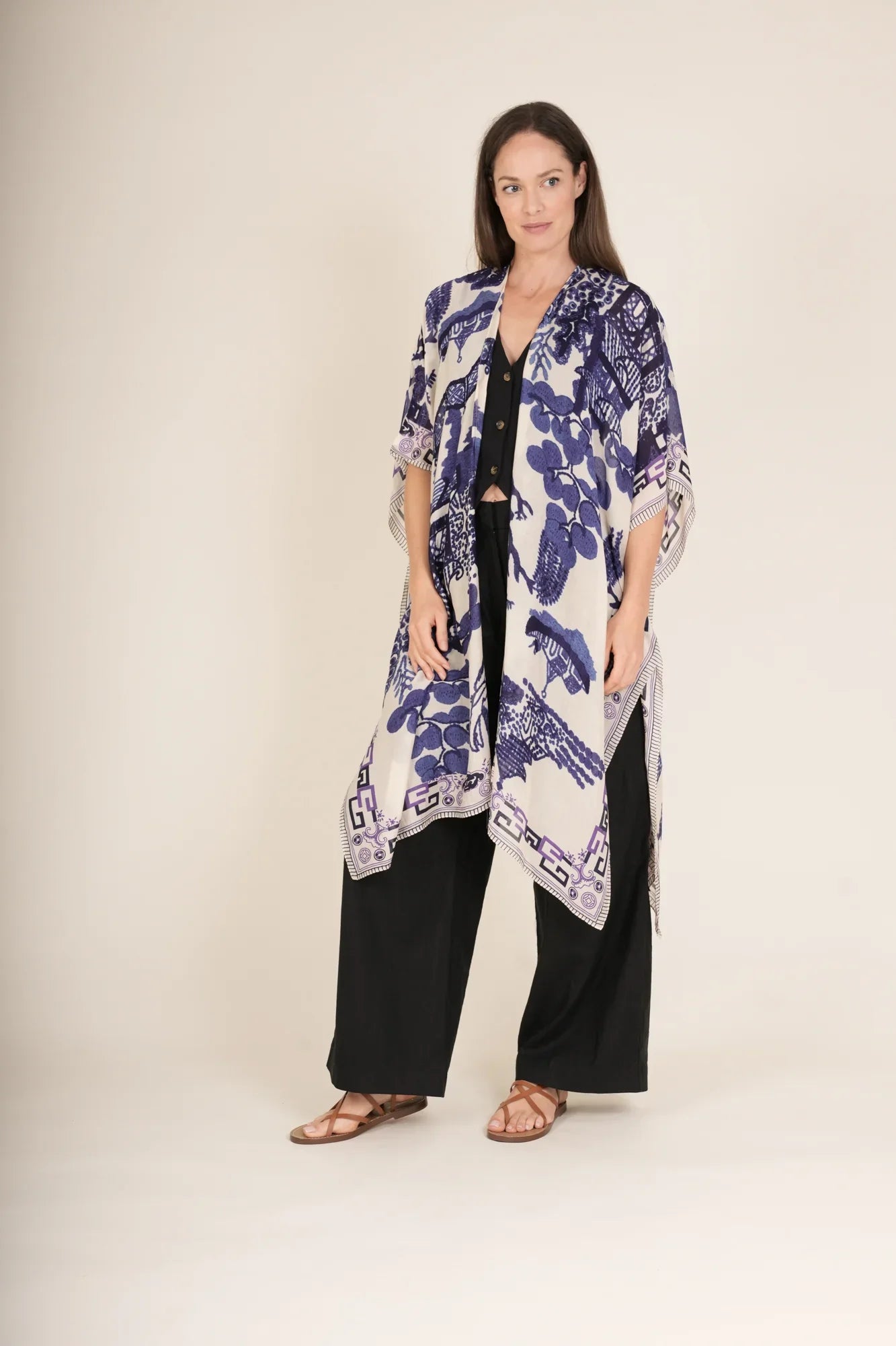 White Giant Willow Blue kimono-style throwover top with bold botanical print