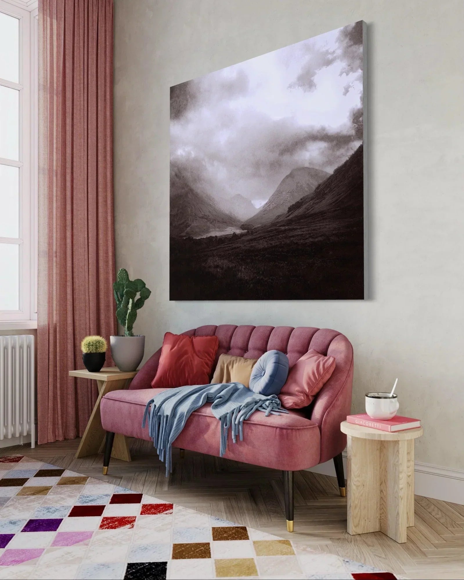 Glencoe Mist pink velvet chaise lounge with tufted backrest and gold legs