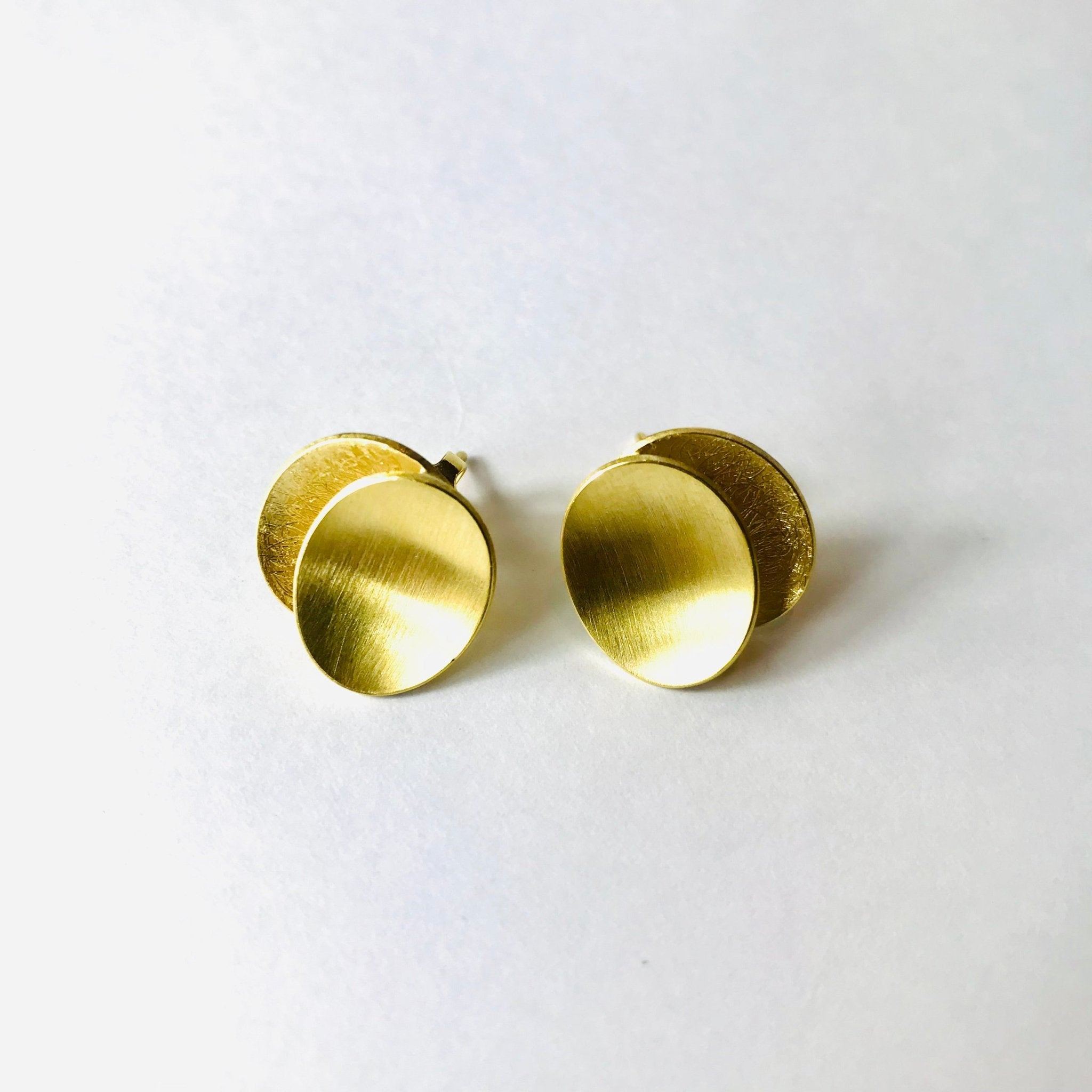 Gold Plated Studs: minimalist disc earrings with brushed finish