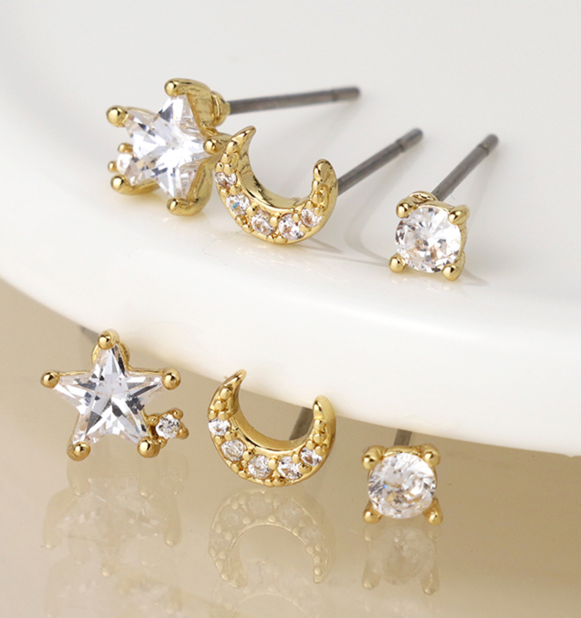 Golden Triple star moon and crystal Stud set - Jewellery - Scotland