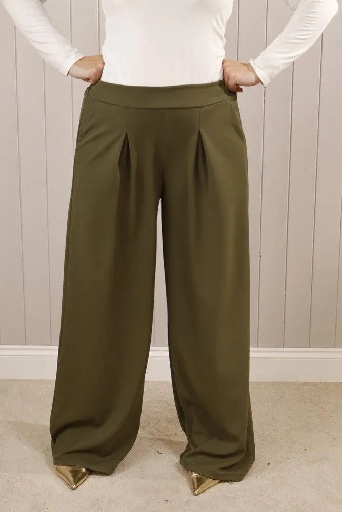 Khaki Pleat front Wide leg trousers