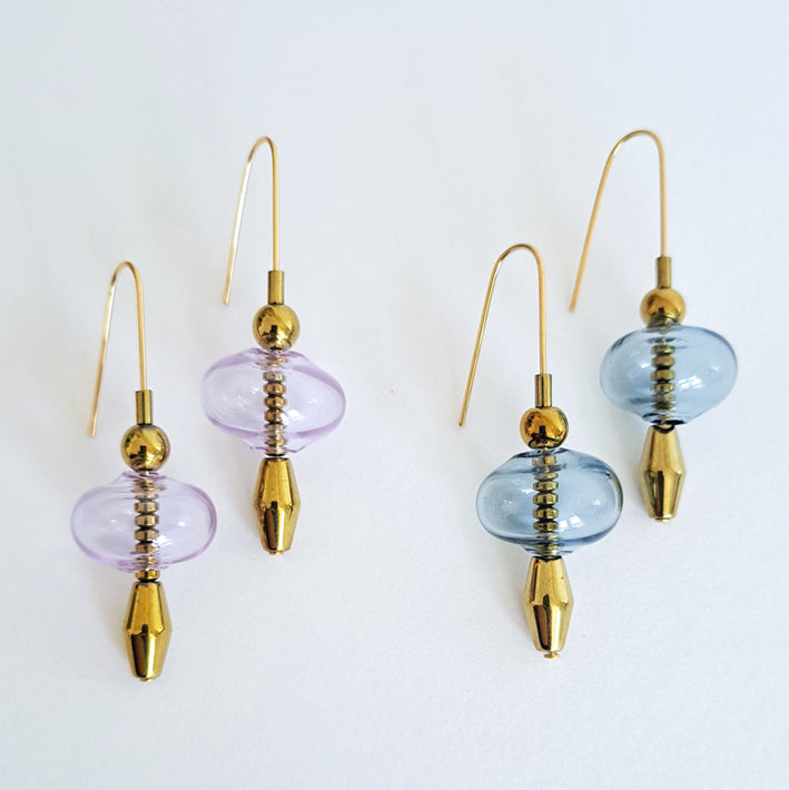 Elegant Grey Mauve Blue Bubble Earrings with lavender blue glass beads and gold accents