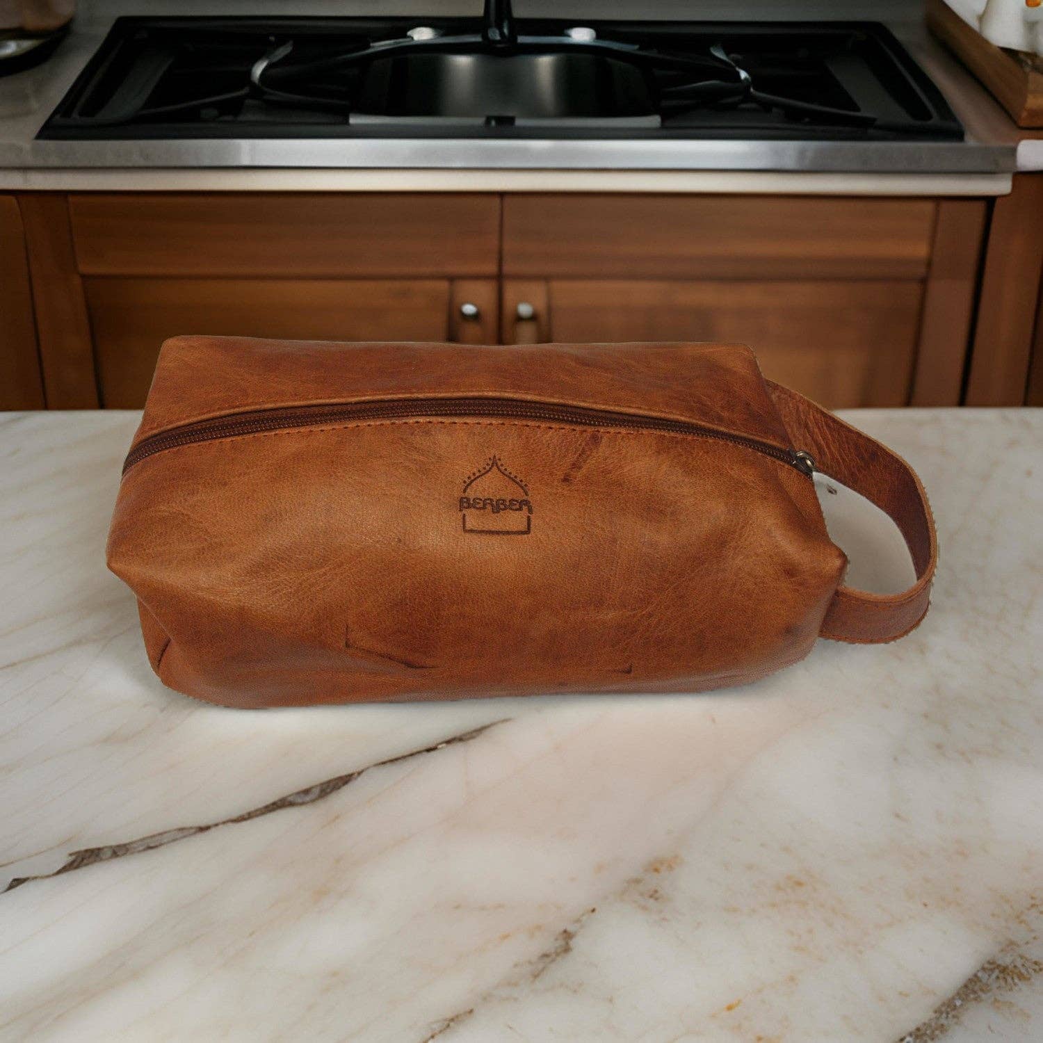 Handmade brown leather wash bag with tan berger toiletry design and zipper
