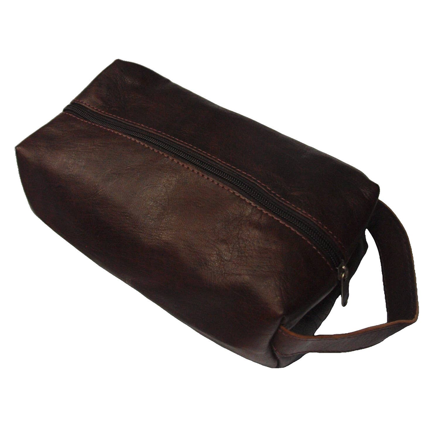 Handmade brown leather wash bag with zipper and handle