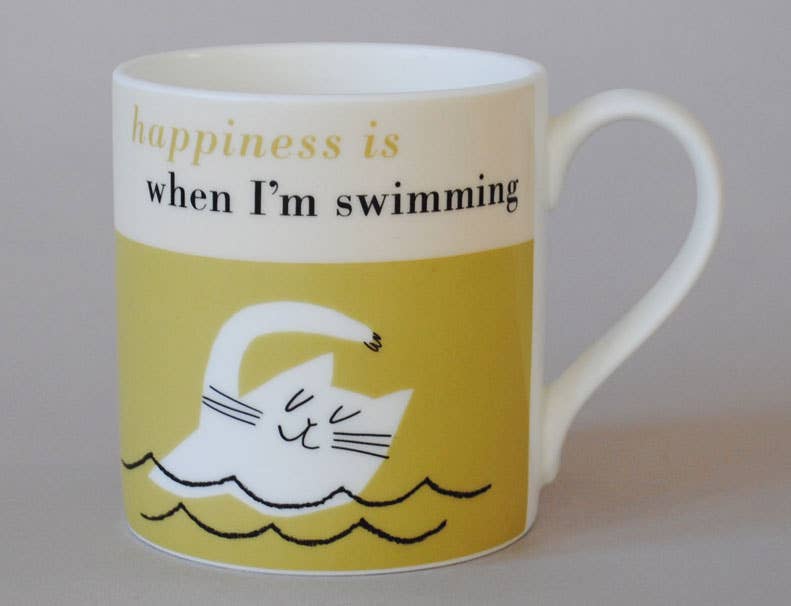 Happiness Swimming Cat Bone China Mug Olive - Mugs - Scotland