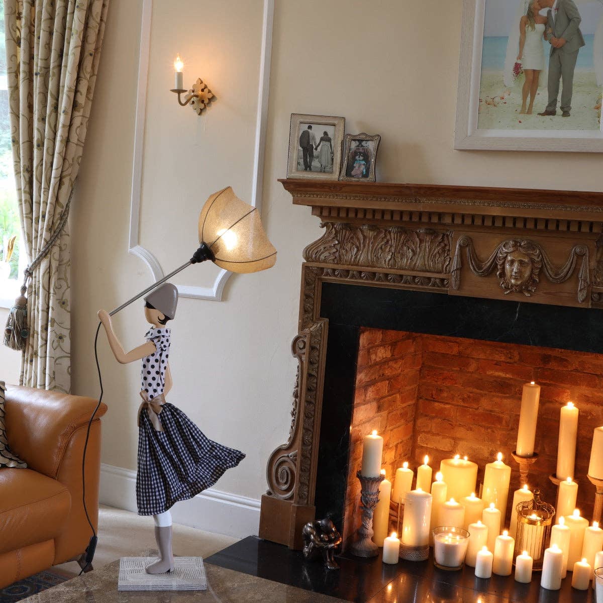 Whimsical Jean Marie Lamp figurine: woman in navy polka-dot dress with bell shade