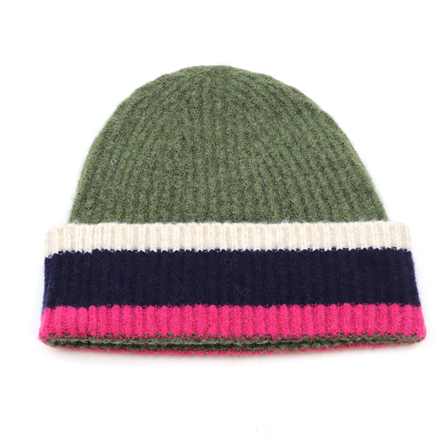 Khaki/Pink/Navy Recycled Poly and Wool Beanie Hat - Scarves! - Scotland