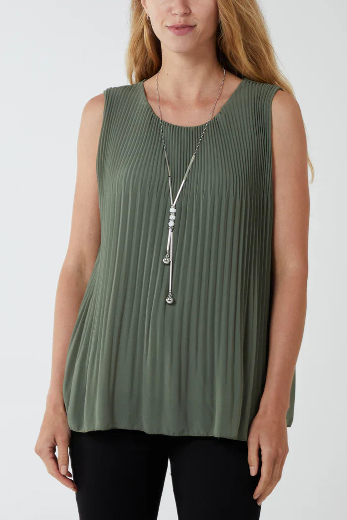 khaki Pleated Round Neck Vest - Clothing - Scotland
