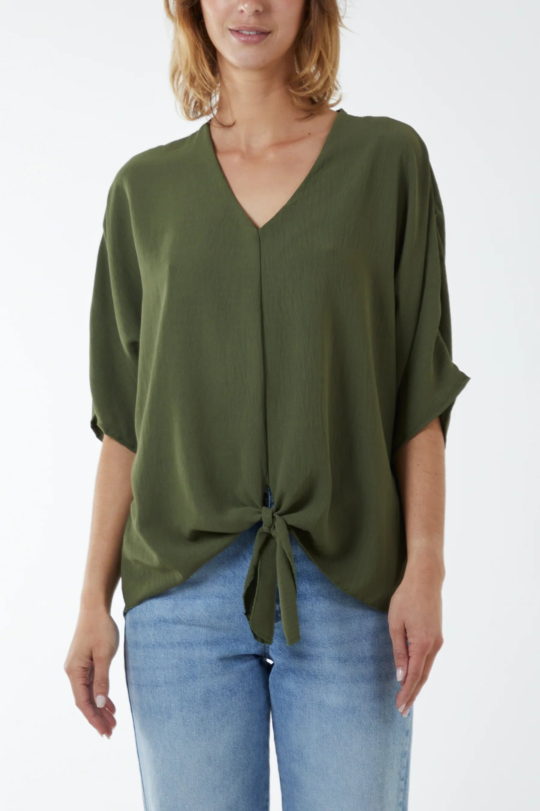 Khaki V-Neck tie front top - Clothing - Scotland