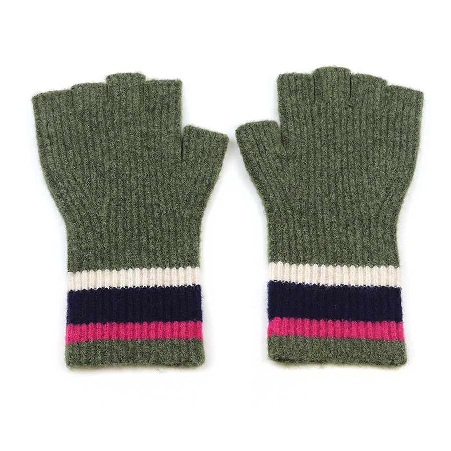 Khaki/Pink/Navy Block Stripe Fingerless Gloves