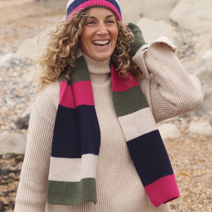 Khaki/Pink/Navy Block Stripe Scarf