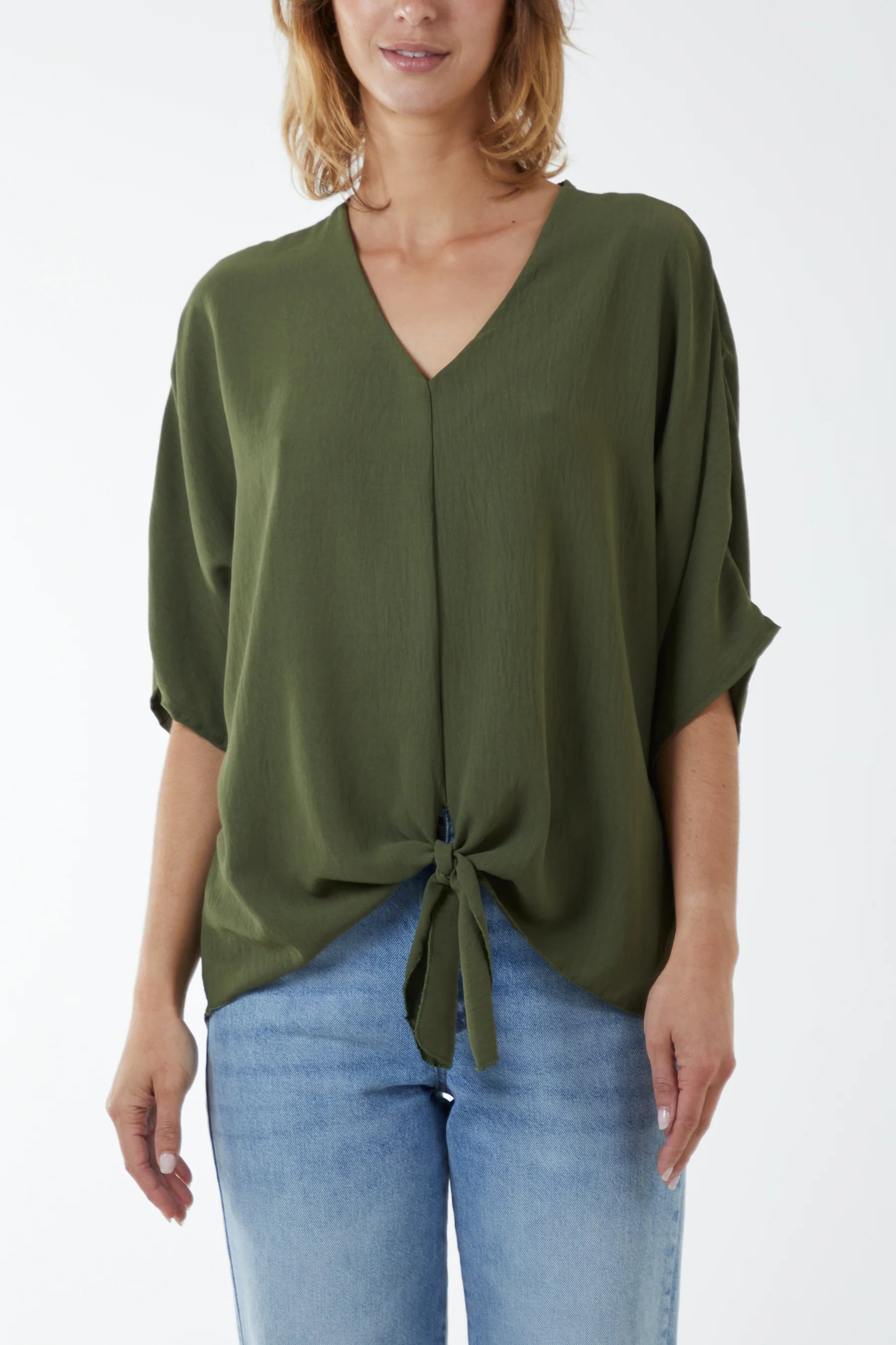 Khaki V-Neck tie front top
