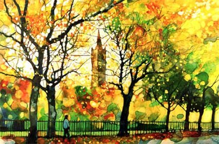Watercolor autumn park with vibrant trees in framed university tower print