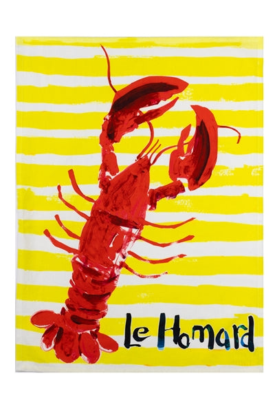 Vibrant red lobster on yellow-white stripes with Le Homard brand T-towel