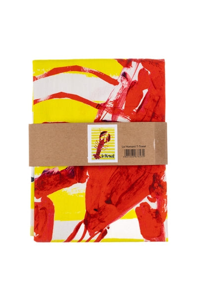 Vibrant red yellow lobster Le Homard T-Towel brushstroke kitchen set