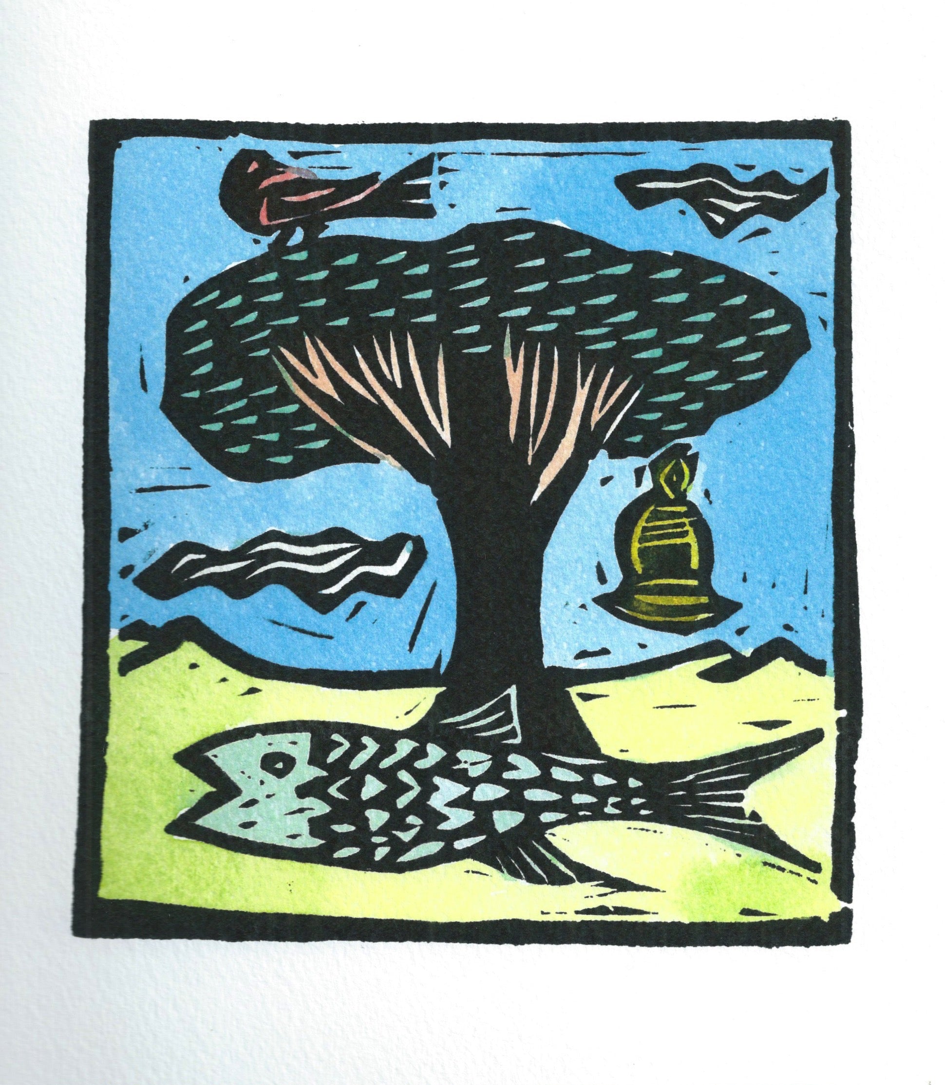 Stylized black tree with textured canopy and pinkish trunk in Let Glasgow Flourish lino cut print