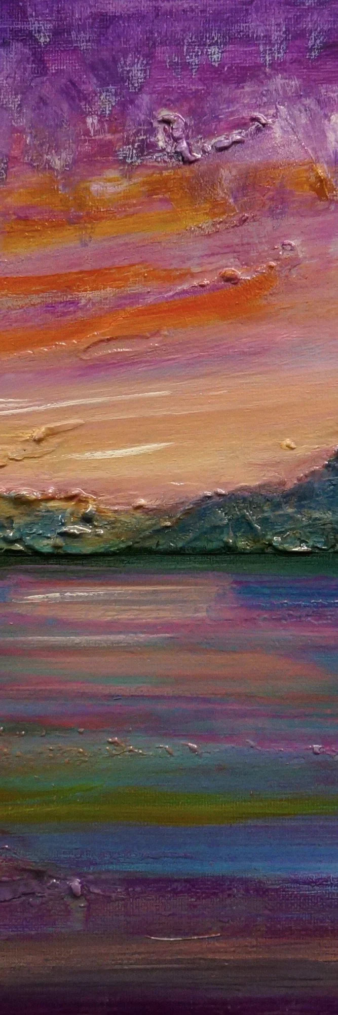 Vibrant abstract oil painting of Loch Leven sunset triptych in purple, orange, teal