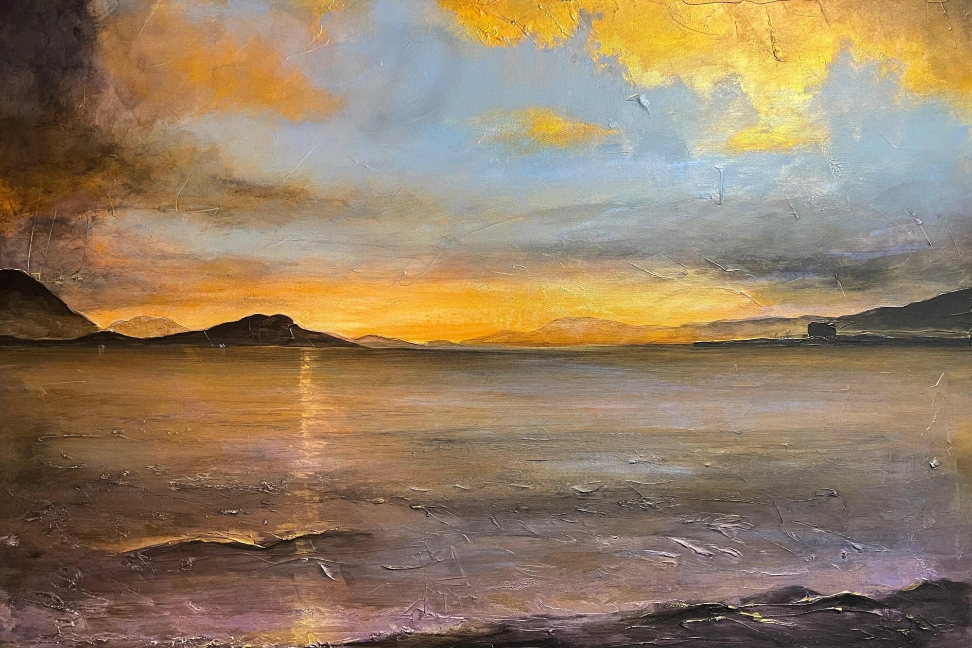 Loch Linnhe Sunset: Textured oil painting of serene Scottish sunset over water