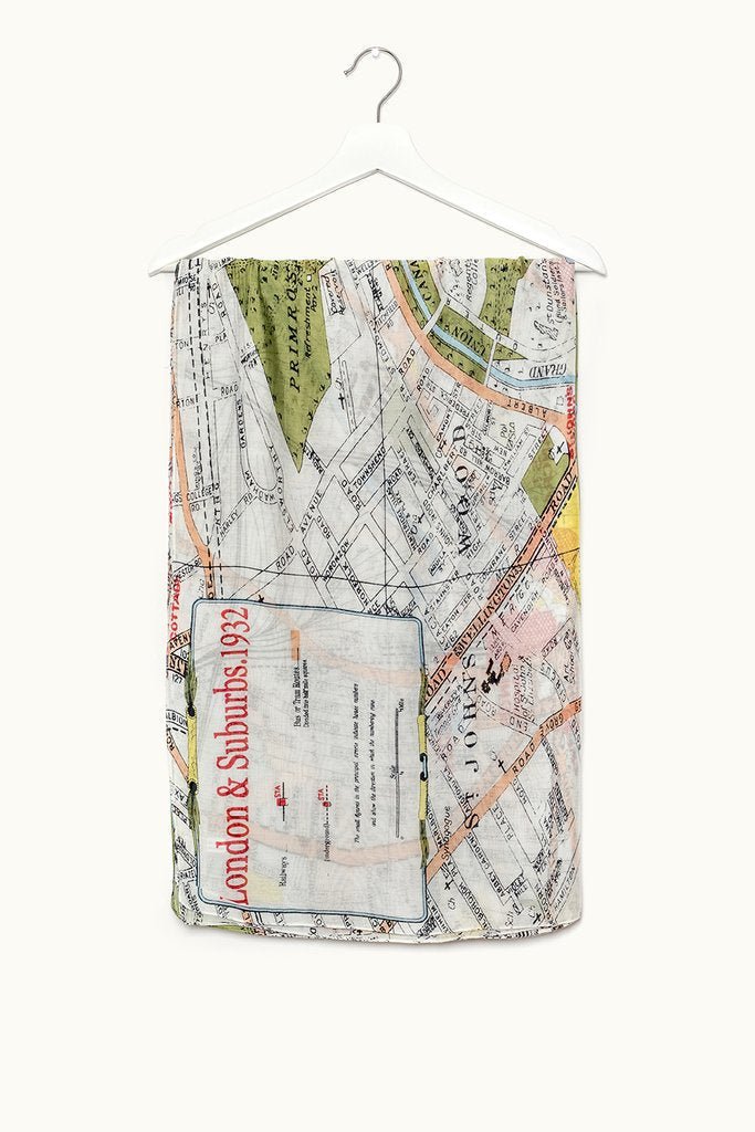 Vintage 1932 London map scarf in muted greens, yellows, black
