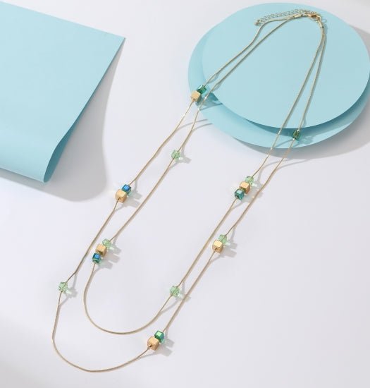 Long Gold Cube Necklace with green blue beads and crystals