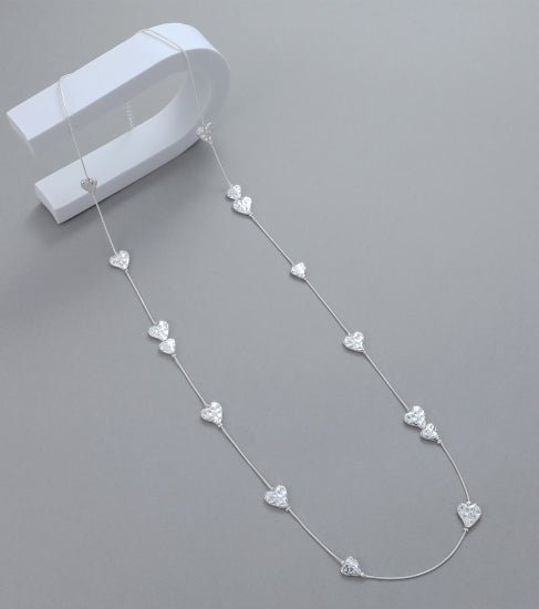 Delicate silver Long Heart Necklace with sparkling charm hearts