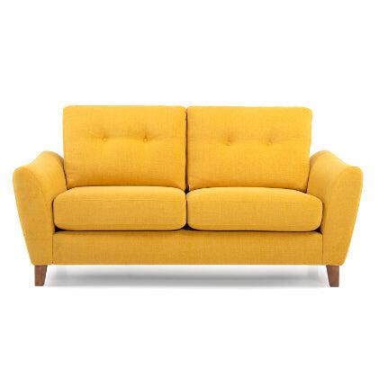 Bright yellow Lydia 2-seater sofa with tufted cushions and wooden legs