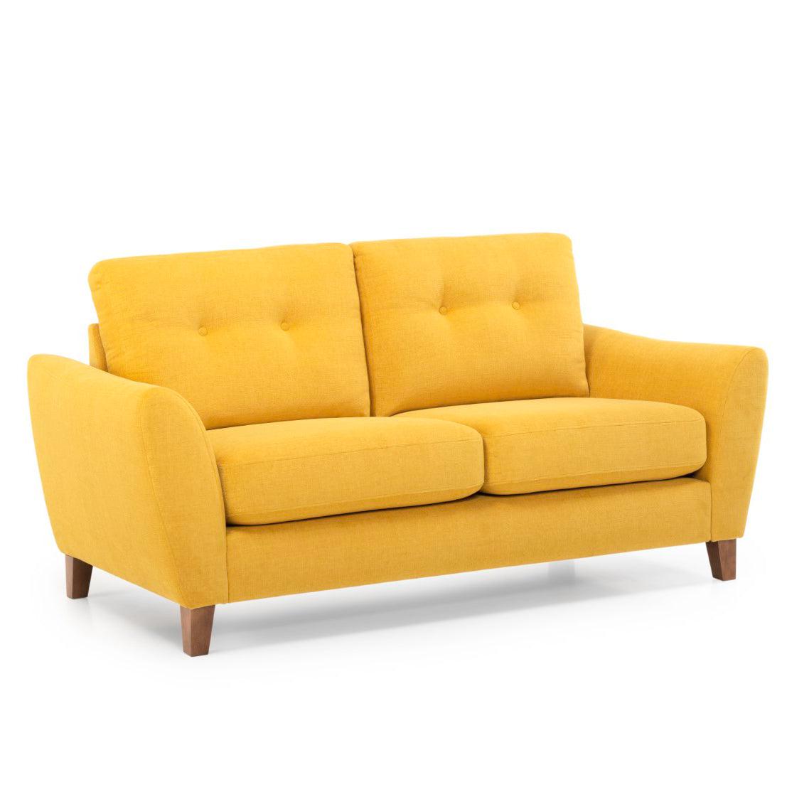 Bright yellow Lydia 2-seater sofa with tufted cushions and wooden legs