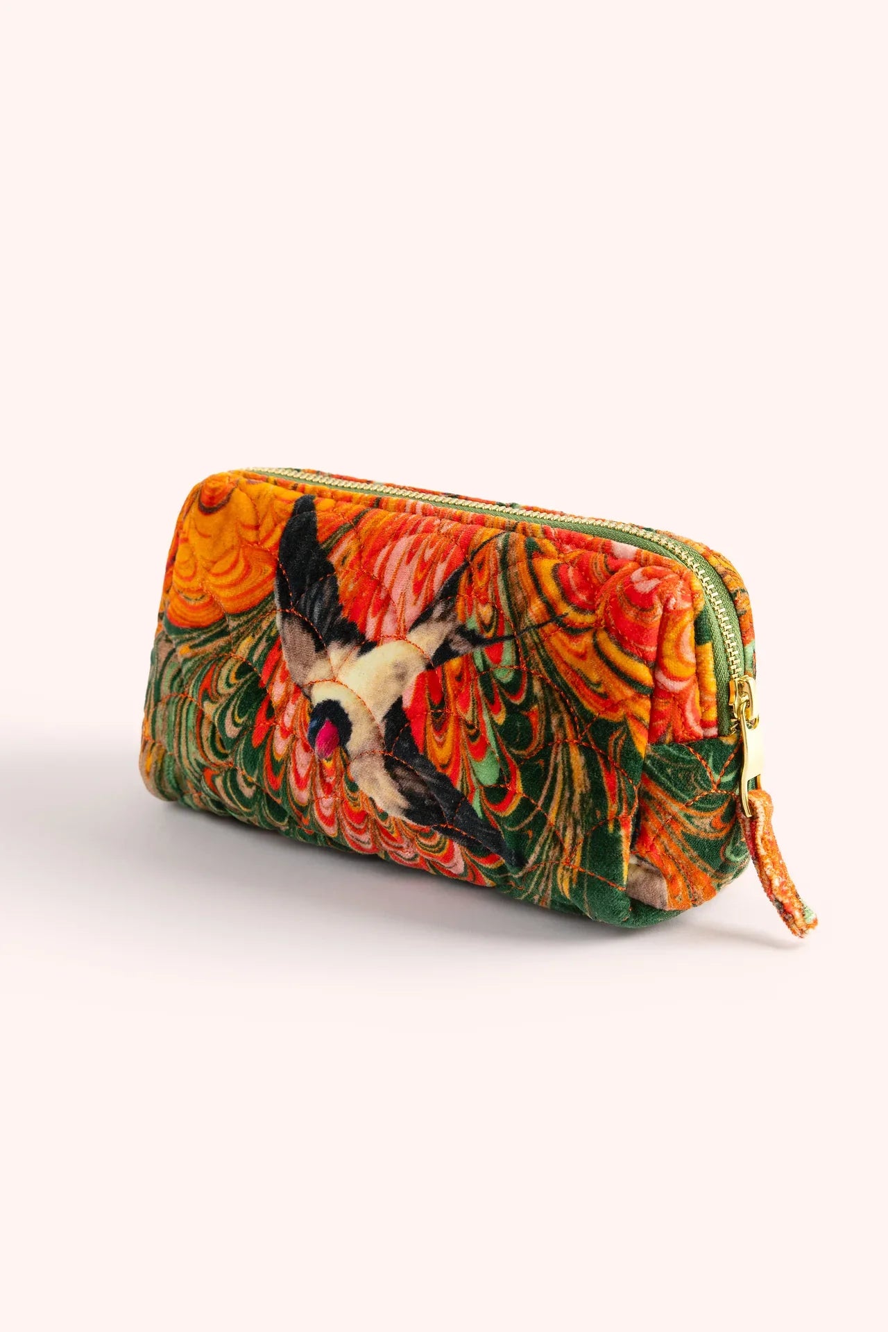 Vibrant orange green velvet Marbled Swallow Quilted Vanity Bag with peacock design