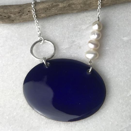 Mediterranean Blue Oval Necklace with deep blue enamel, silver chain, white pearls