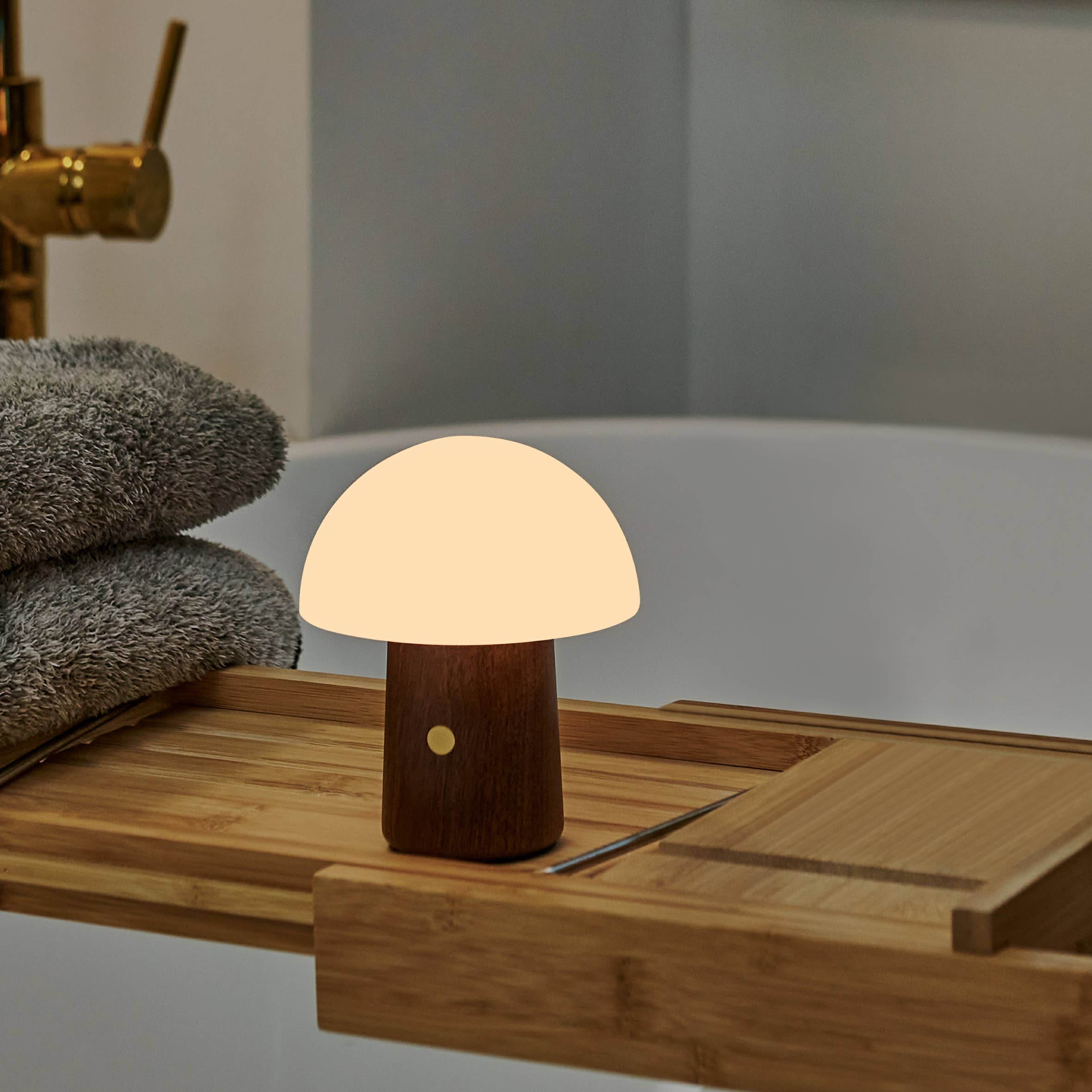 Warm-toned Mini Alice Mushroom Lamp with walnut base and frosted glass dome