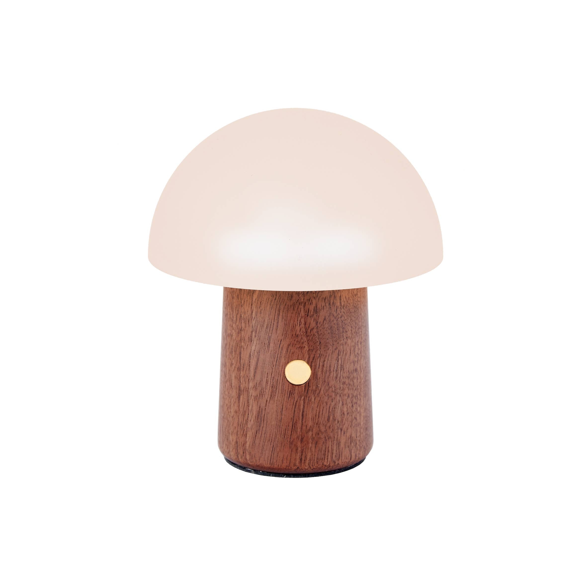 Mini Alice Mushroom Lamp: pink dome, walnut stem, gold button