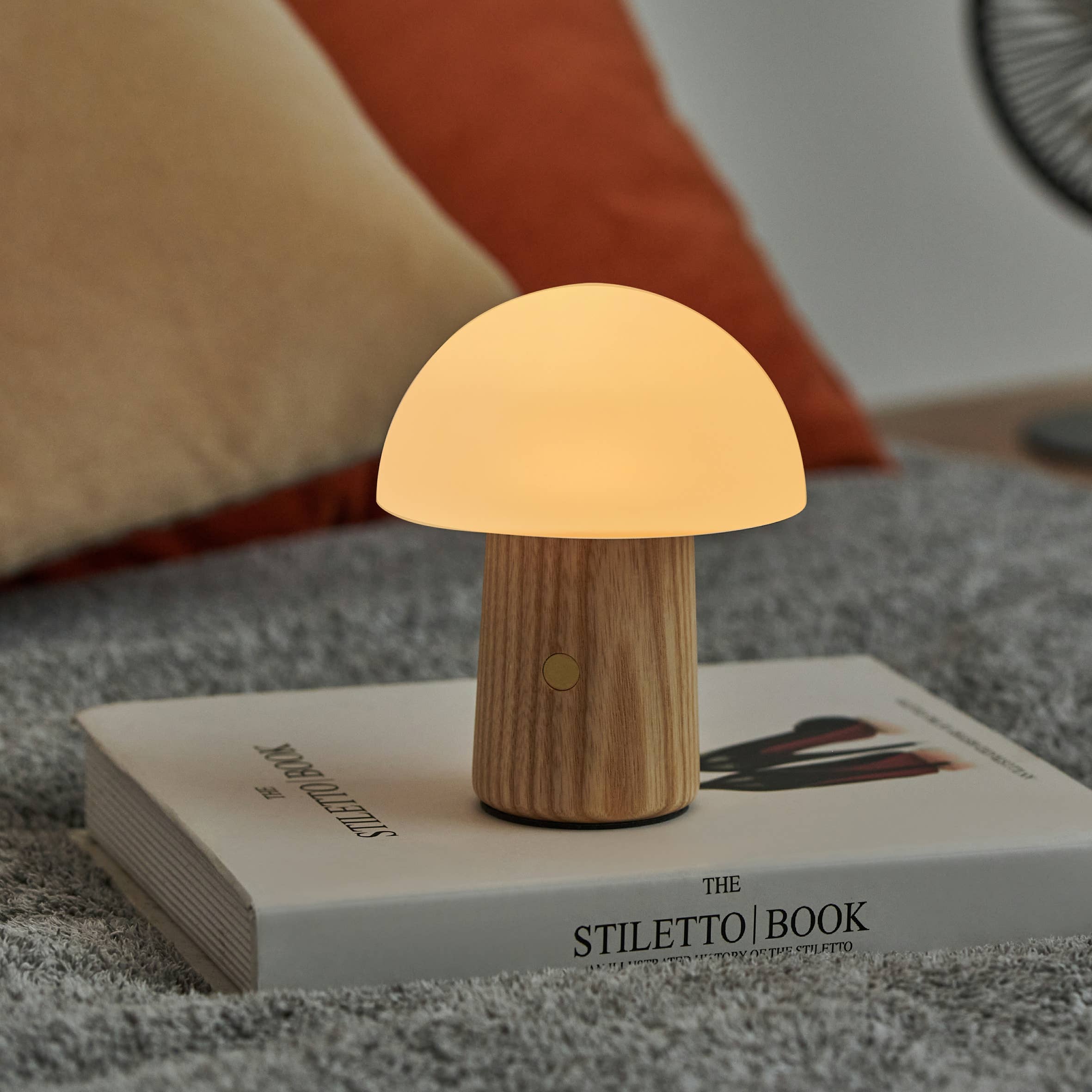 Mini Alice Mushroom Lamp: Warm-toned walnut base with frosted glass dome
