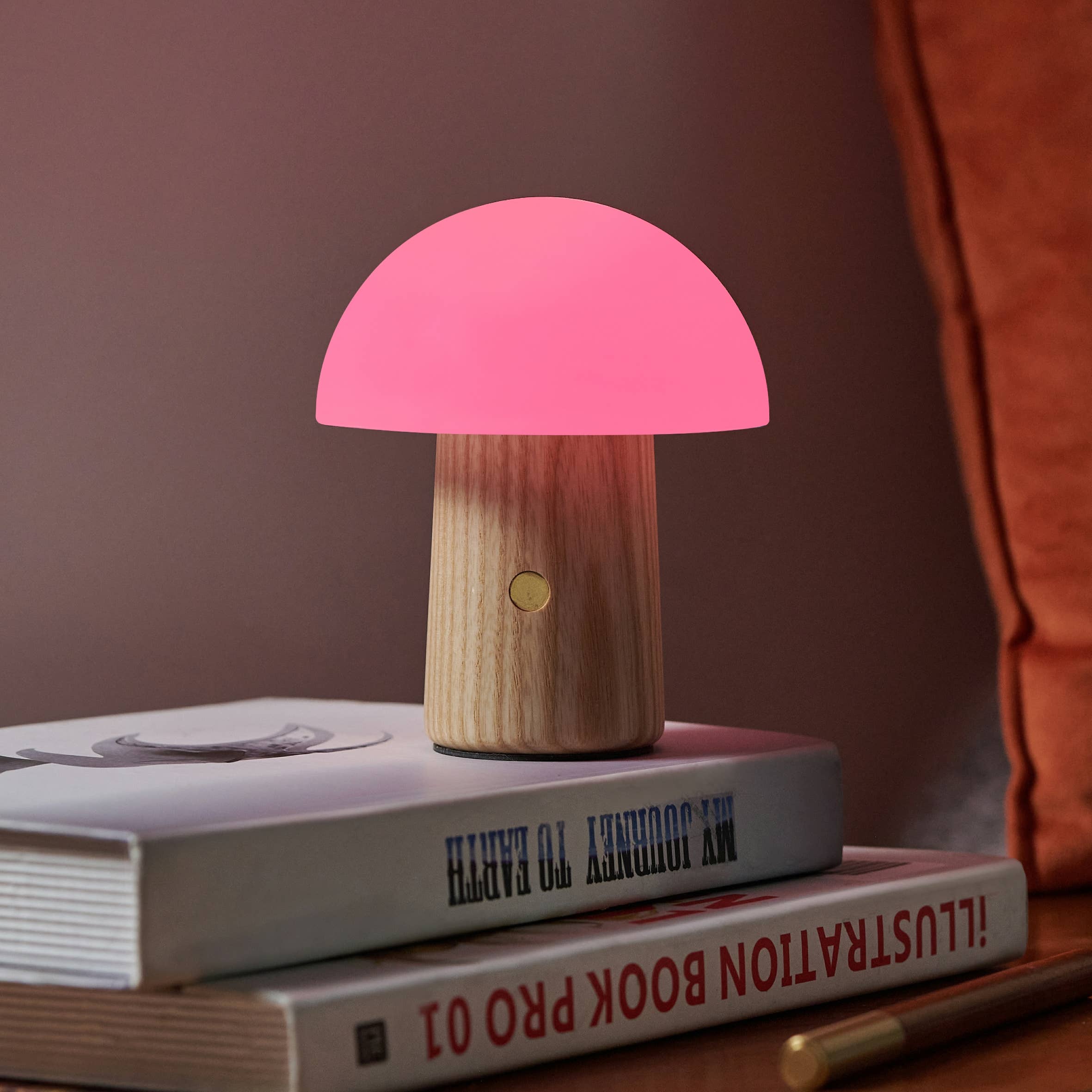 Mini Alice Mushroom Lamp in pink with walnut stem and gold button