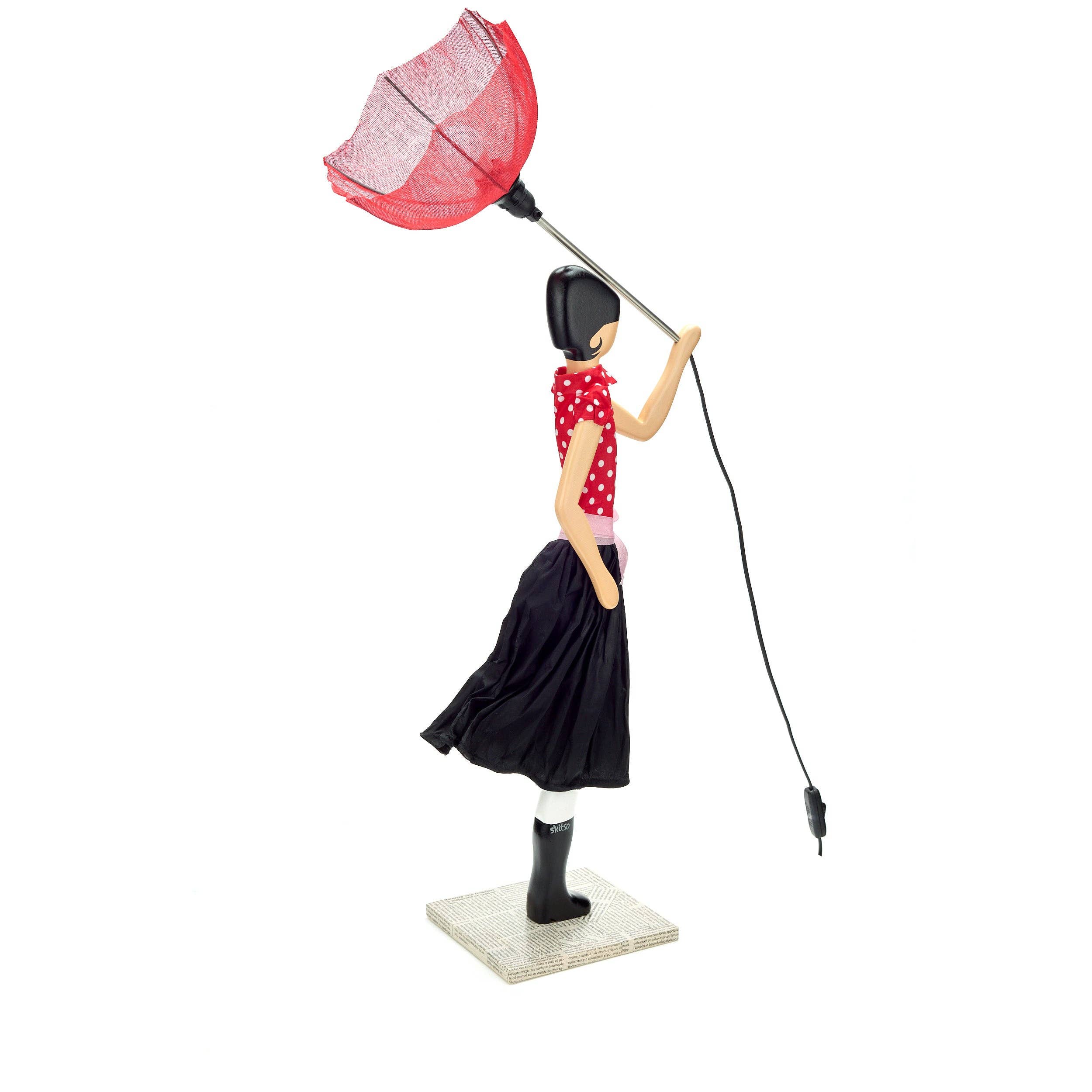 Minnie Lady Lamp figurine with red polka-dot top, black skirt, and red mesh umbrella