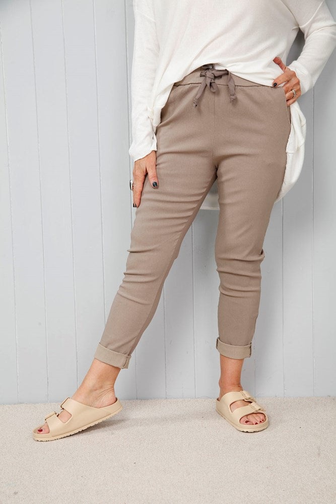 Beige Mocha Magic Pants drawstring joggers with rolled cuffs