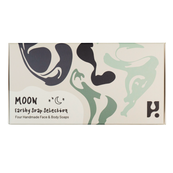 Moon 5pcs Bars of Soap: Earthly selection box with 4 handmade soaps, abstract black and mint green swirls on cream background