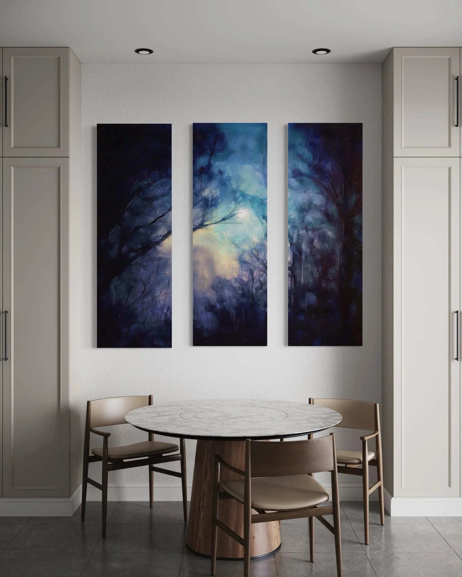 A Moonlit Highland Wood Triptych  | Statement Interior Wall Art from Scotland