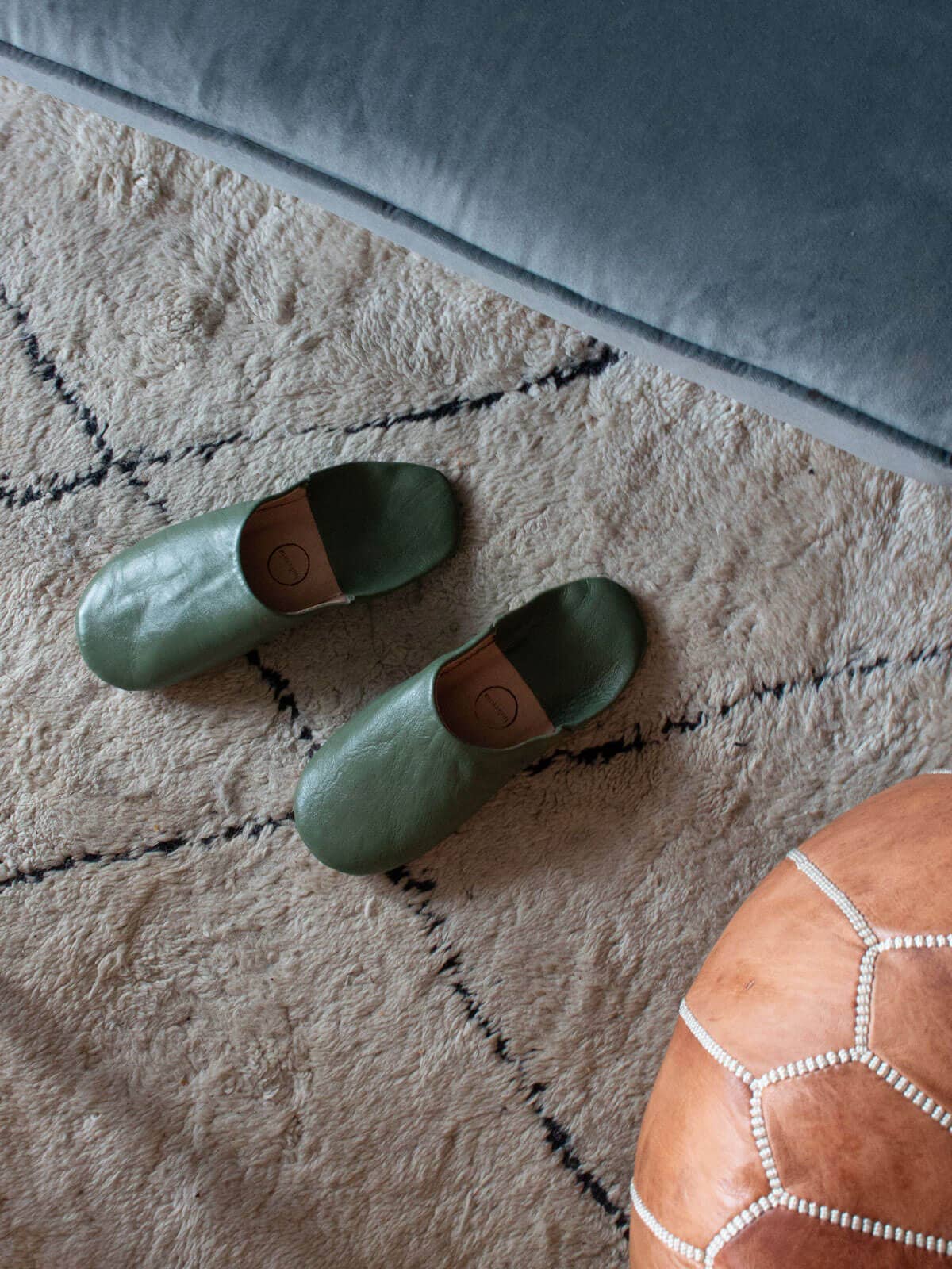 Olive green leather Moroccan babouche slippers, large, tan lining