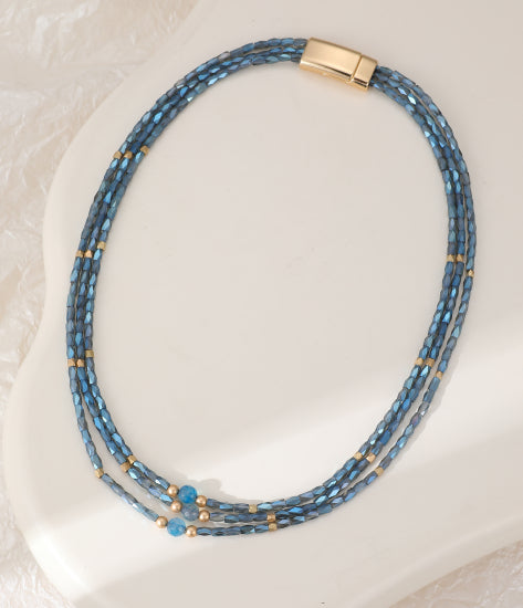 Gold Blue Bead Triple Bracelet