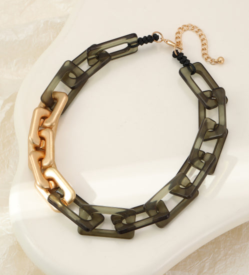 Gold Green Rectangular Chain Necklace