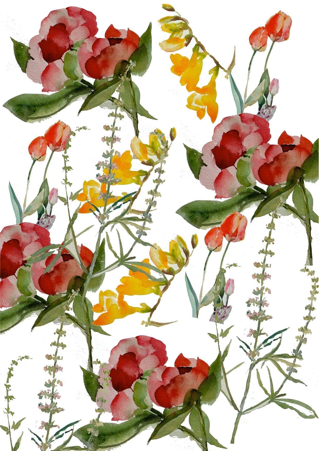 Nancy Smillie Watercolour Wrap with red peonies, yellow tulips, green foliage