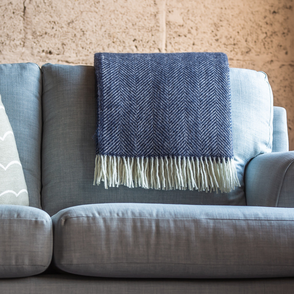 Navy herringbone throw: wool blanket with cream fringe