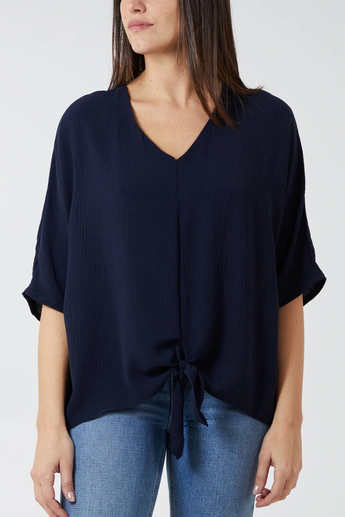 Navy V-Neck tie front top